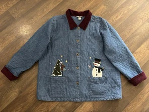 Christopher Banks Giacca Trapuntata Denim Ricamata Applique Pupazzo di Neve 2X Natale - Foto 1 di 10