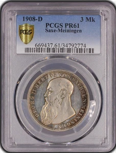 Selten! 1908 Deutschland Sachsen-Meiningen 3 Silber Mark PP Münze PCGS PR61 - Bild 1 von 2
