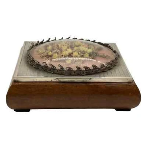 Swiss Reuge Wood Music Box w Hinged Sterling Silver Lid & Encased Glass Flowers - Picture 1 of 7