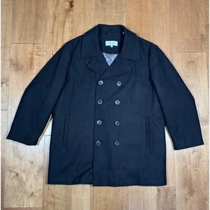 Calvin Klein Double Breasted Wool Blend Black Pea Coat Button Up Mens Size Lg - Picture 1 of 5