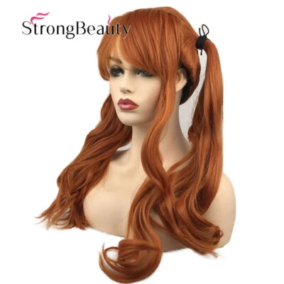 Women's Long Curly Wavy Bangs Double Ponytail Wig Orange Brown Cosplay Hair Wigs - Image 1 of 4