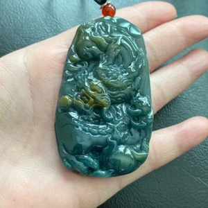 Large 100% Burma A Natural Jade Carving Dragon Pendant Necklace Men - Picture 1 of 9