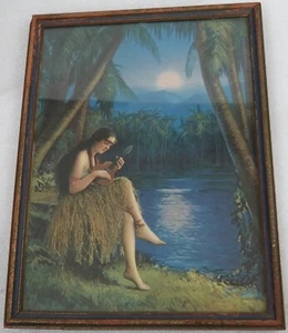 ARTIST RUDOLPH INGERIE HAWAIIAN HULA GIRL PLAYING UKULELE UNDER THE MOON PRINT - Picture 1 of 8