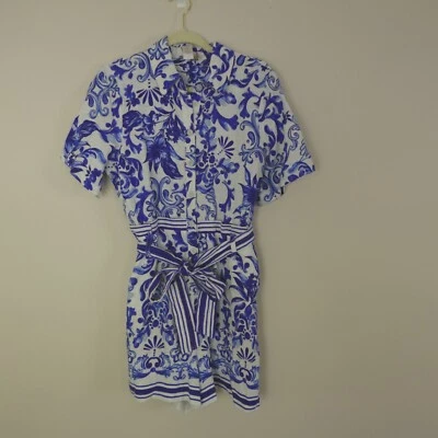Caroline Constas Romper Womens 8 Blue White Floral Linen Resort - Image 1 of 4