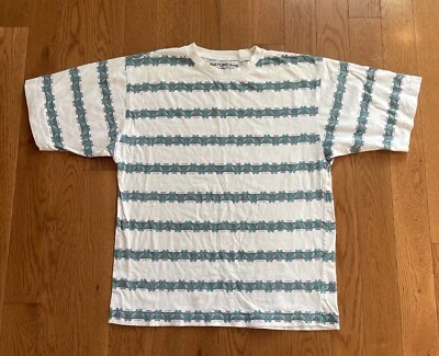 90s Y2K Crewneck Skater T-shirt Saturdays Geometric Stripes Short Sleeve READ - Image 1 of 4