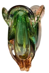 "Jarrón pesado Josef Hospodka verde y melocotón 11"" de alto" - Imagen 1 de 8