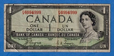 CANADA $1 1954 BC-29a / P-66a  QE II Circulated DEVIL'S FACE 👿  F/A 6994999 - Image 1 of 3
