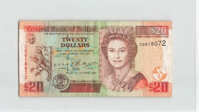 BELIZE 20 Dollars 2000, P-63b, CD018072, Scarce Date, Circulated. QEII Note. E4 - Image 1 of 2