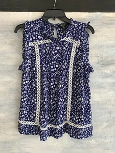 NEW! ROMEO & JULIET Couture RJ44509 Floral Mock Neck Blouse Top, M - Navy Combo - Picture 1 of 12