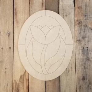 Flower Oval Stain Glass Window, Wood Cutout, Shape Engraved Wooden Paint by Line - Picture 1 of 1