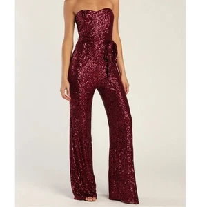 Lulus Flirty Moves Wine Red Sequin Strapless Wide-Leg Jumpsuit S - Picture 1 of 9