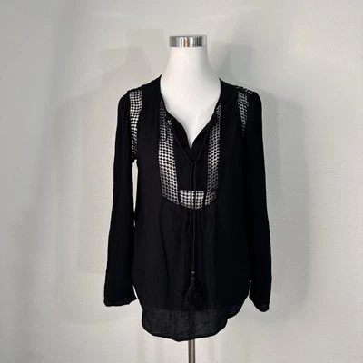 Joseph A Blouse Top Women's S Black Long Sleeve Crochet Crinkle Career Casual - Изображение 1 из 4