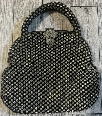 Antique Rhinestone Black Evening Handbag With Top Lock & Lined In Satin - Image 1 of 4