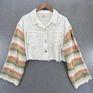 POL Jacket Womens Large White Twill Cropped Crochet Sleeve Distressed Button Up - Picture 1 of 11