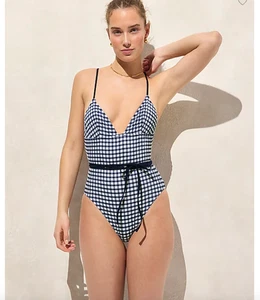 J. Crew Navy Blue and White Gingham One Piece Swimsuit Ret $128 Size 10 - Picture 1 of 4