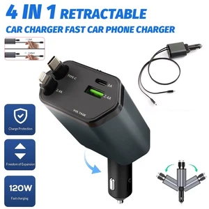 4 in 1 Retractable Car Charger Fast Car Phone Charger 120W With USB Type C Cable - Picture 1 of 11