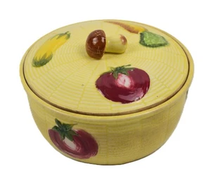 VINTAGE YELLOW VEGETABLE COVERED CERAMIC DISH- LID HAS MUSHROOM HANDLE JAPAN MCM - Picture 1 of 11