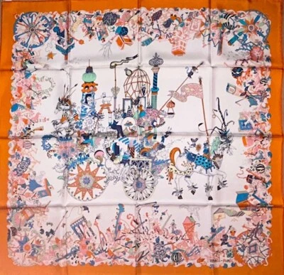 Authentic Hermes La Folle Parade Silk Scarf 90cm 35" Rare Orange Blue White - Image 1 of 4