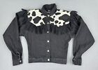 Vintage Roper Jacket Womens 5/6 Black Denim Fringe Cow Print Cowgirl Western