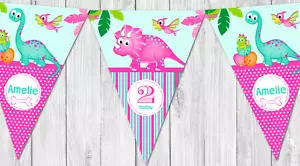 Personalised Pink Dinosaur Jungle Bunting Room Party Decoration Banner - Picture 1 of 6