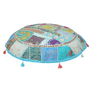 Blue 40 in XL Vintage Patchwork Floor Pillow Decorative Ottoman Pouf Cover - Picture 1 of 6
