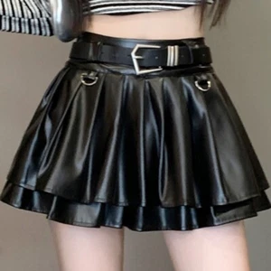 Cute Girl PU Leather Pleated Short Skirt Shiny with Belt A-line Skirt Sexy Club - Picture 1 of 20