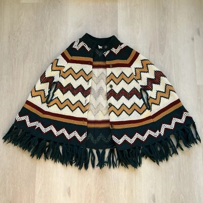 Винтажный союз сделал вязаный бахромой шаль геометрический шерсти хиппи богемное одеяло 60-х 70-х - Изображение 1 из 4