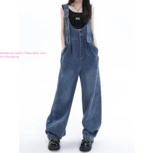 New Retro Women Cotton Denim Bib Overalls Loose Fit Jumpsuit Baggy Rompers Jeans - Picture 1 of 15