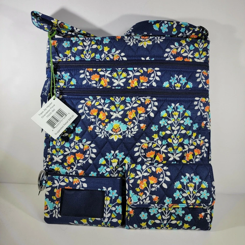 Vera Bradley Go Fish Blue Triple Zip Hipster Crossbody Bag Quilted