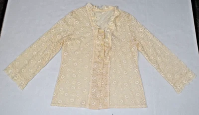 Top de encaje vintage talla S/M años 70 semi transparente marfil floral con volantes botones cuadrados Foto 1 de 4