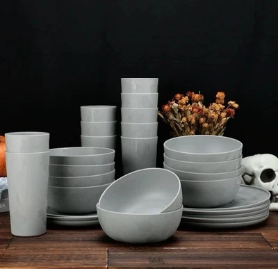 Juego completo de vajilla fantasma de Halloween grabada de plástico de 30 piezas gris sin BPA Foto 1 de 4