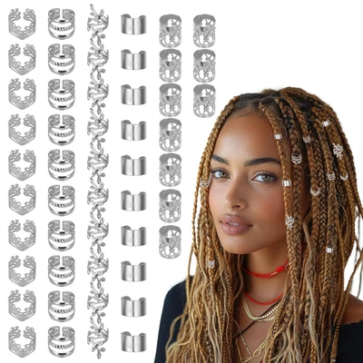 50 PIEZAS Joyería de Cabello Plateada para Trenzas Cuentas Rastas Puños Anillos para Mujeres Hombres Foto 1 de 4