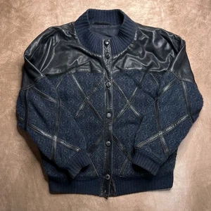 Vintage 80s Torras Leather Argyle Diamond Knit Bomber Jacket Mohair Wool Biker - Picture 1 of 14