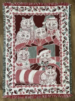 Gato Dama Navidad Tejido Tapiz Manta Gatitos Flecos 44x60 De Colección Y2K Foto 1 de 4