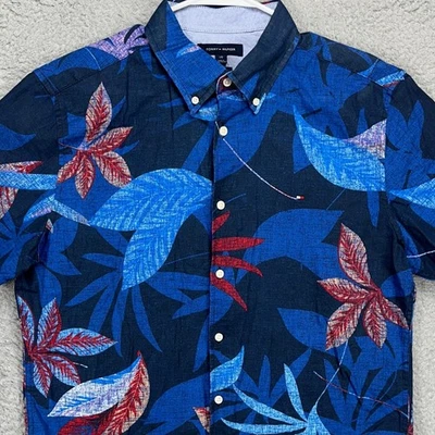 Camisa Tommy Hilfiger Mezcla de Lino Hawaiana Para Hombres Grande Azul Palma Abotonada NUEVA Foto 1 de 4