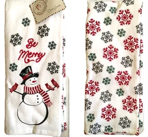 "JUEGO DE 2 TOALLAS DE COCINA ""Be Merry"" blanco muñeco de nieve/copos de nieve 100% algodón 15""x25" - Imagen 1 de 8