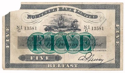 Billete de 5 libras de Irlanda del Norte (Northern Bank Limited) 1940 en estado bastante bueno+ Foto 1 de 2