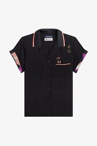 Fred Perry Amy Winehouse Black Printed Trim Silky Feel Bowling Shirt - Size 10