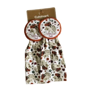 Cuisinart Hedgehog Welcome Fall Leaves Print Set of 2 Hanging Kitchen Towel - Picture 1 of 3