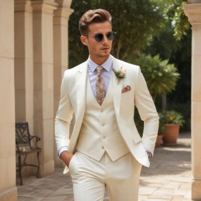 Men's Ivory 3 Piece Suit, Slim fit Wedding 3pc Groom Suit Elegant Party Wear Set - Image 1 of 4
