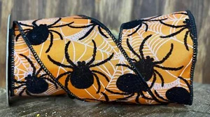 Cinta de Halloween satinada naranja con cable de 2,5 pulgadas con telarañas y arañas flocadas 10 yardas - Imagen 1 de 4