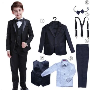 Tuxedo Shirt Vest - Ring Bearer Black Boys Suits For Weddings Formal Blazer 6PCS - Picture 1 of 16