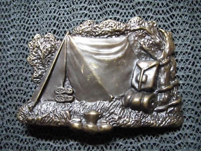 TIENDA DE CAMPAÑA ESCENA RECORTADA HIPPIE HEBILLA DE CINTURÓN! ¡VINTAGE! RARO! ¡BERGAMOTA! 1980! US Foto 1 de 4