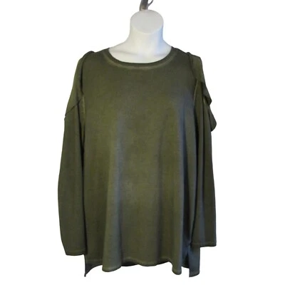 Lane Bryant 22/24 3X Olive Green Cold Shoulder Knit Shirt Top Sweatshirt - Image 1 of 3