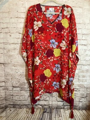 Top kimono de seda Jade Johnny Was para mujer grande rojo tropical floral borlas Resort Foto 1 de 4