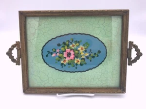 Lovely Small Victorian Hand painted Tray Pretty Floral Glass Wood Brass Paper - Picture 1 of 5