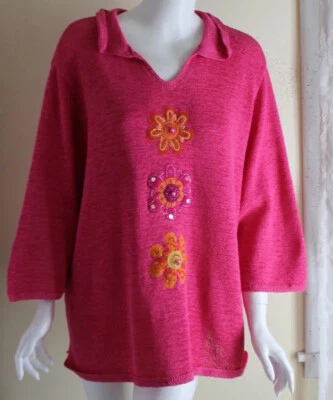 Quacker Factory Sz 2X Pink POP-Art FUN Interesting Unusual Knit V-Neck Tunic Top - Image 1 of 4