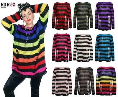 90's Oversized Striped Gothic Grunge Jumper - Chunky Knitted Distressed Sweater - Image 1 of 4