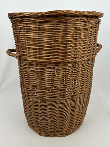 WOVEN BROWN RATTAN WICKER LARGE ROUND HAMPER WITH LID & HANDLES Cover
