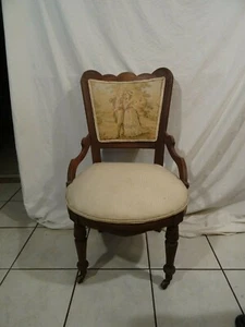 Antique Victorian Wood Carved Chair original Wood Wheels Couple Strolling - Picture 1 of 11